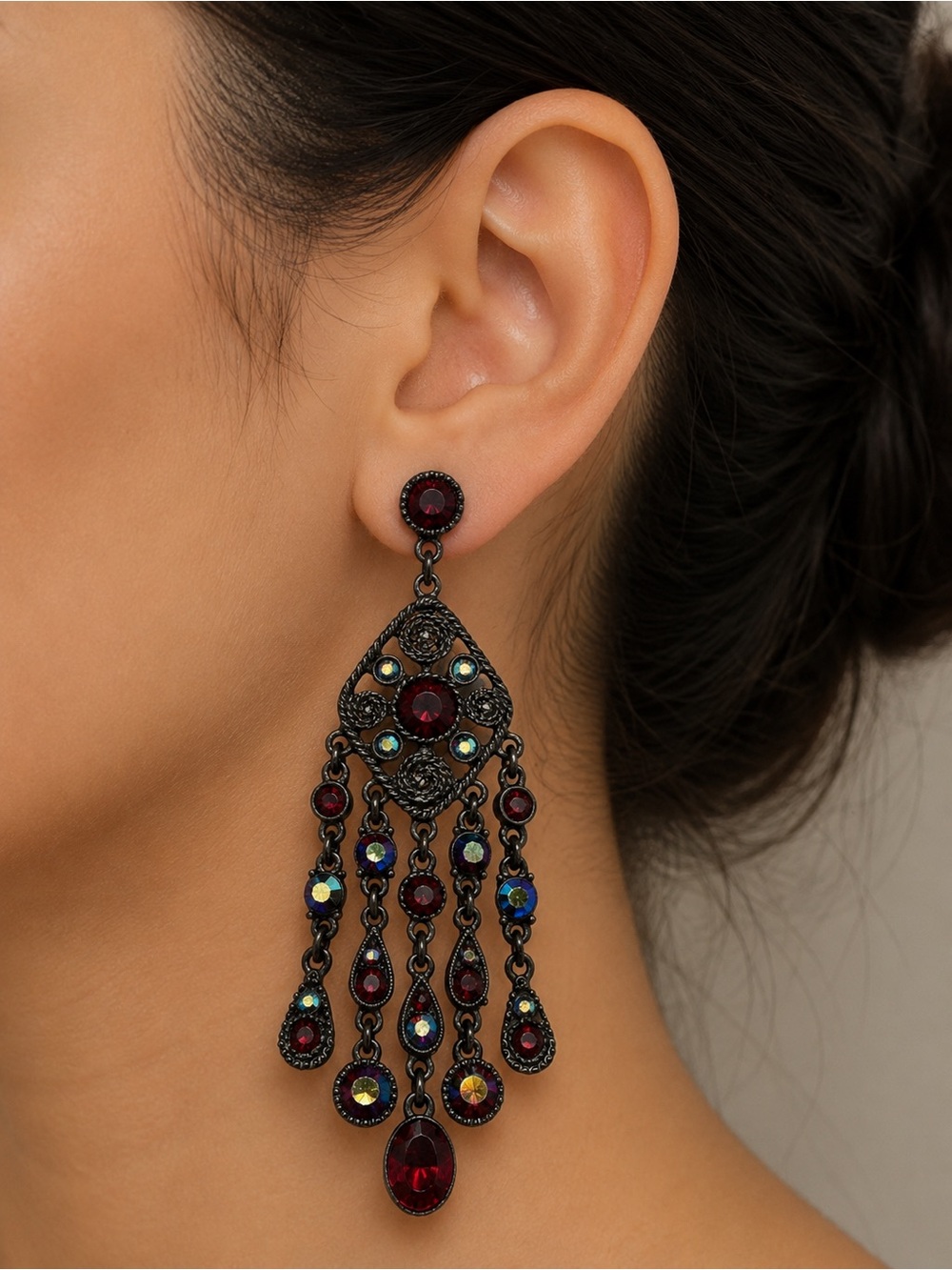 Women’s Black and Red Statement Chandelier Earrings - Elegant Drop Design